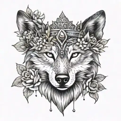 Feminine Wolf Head With Flowers And A Crown Surrounded By Bold Flowers