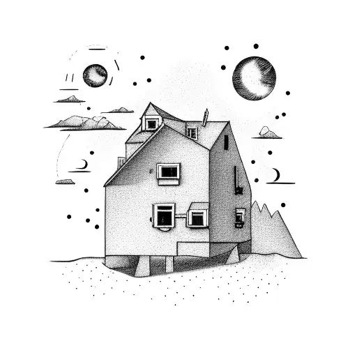 Very Simple Two Story House With A Small Hill In The Background And The Big Dipper Is Above Them