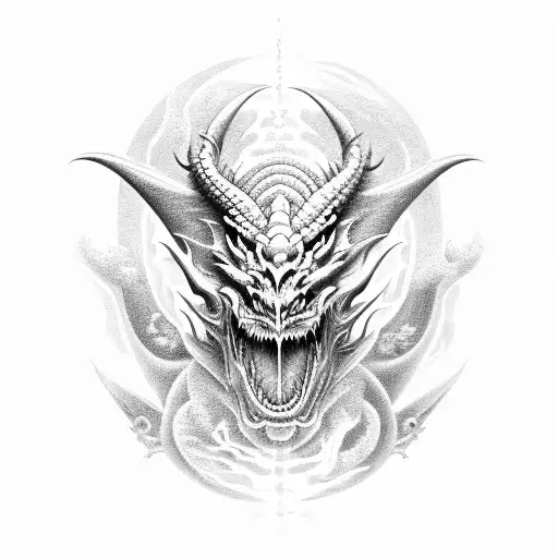 Full Dragon Near To Medusas Face And Near To Satan Tribal Mask
