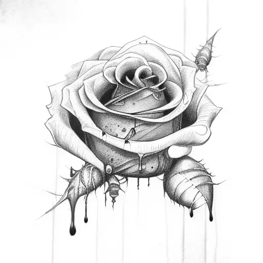 Red Rose Wrapped In Thorns And Is Dripping Drops Of Blood