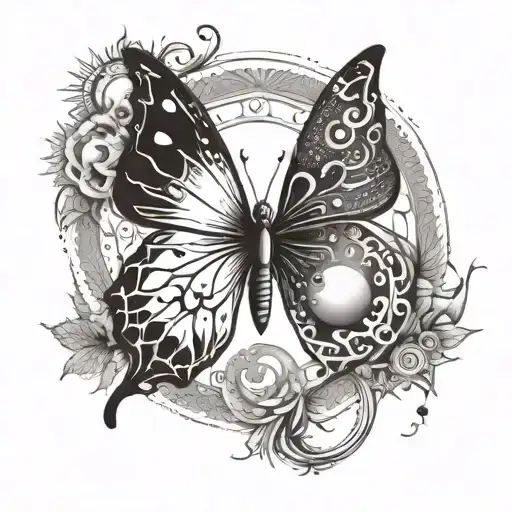Butterfly Resting On A Yin Yang Symbol With Sun And Moon Motifs