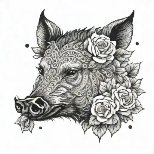 Wild Boar Head And Roses