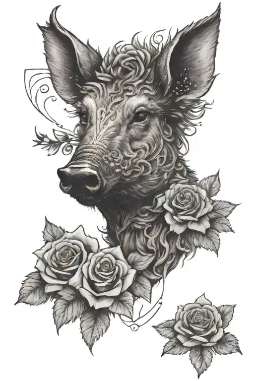 Wild Boar Head And Roses