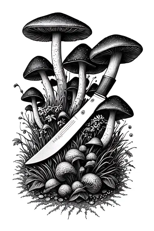 Chef Knife And Mushrooms Growing