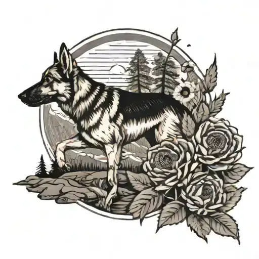 A German Shepherd And A Horse Racing Each Other Up A Mountain Trail Surrounded By Sunflowers