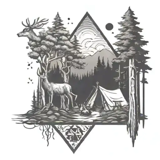 A Hiking And Camping Inspired Tattoo With A Mystical Forest Scene And Occult Symbols