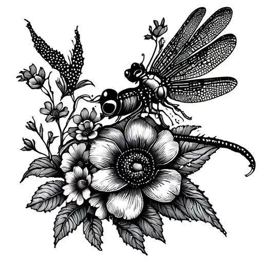 Flowers And Dragonfly Flying