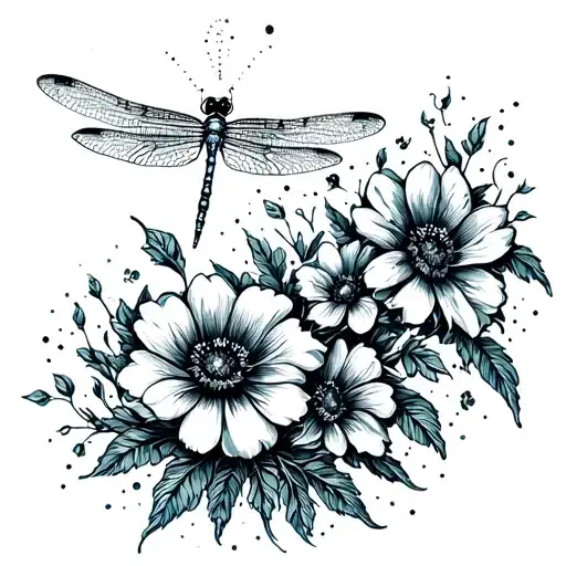 Flowers And Dragonfly Flying Together