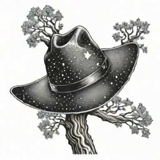 A Starry Night Sky With A Cowboy Hat Hanging On A Tree Branch