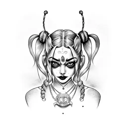 A Dotwork Tattoo Of Harley Quinn With Subtle Hints Of Hentai Imagery