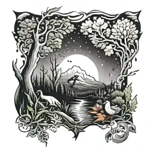 A Tattoo Of A Nature Scene With Hidden Symbols Related To Crime Shows And Horror Movies