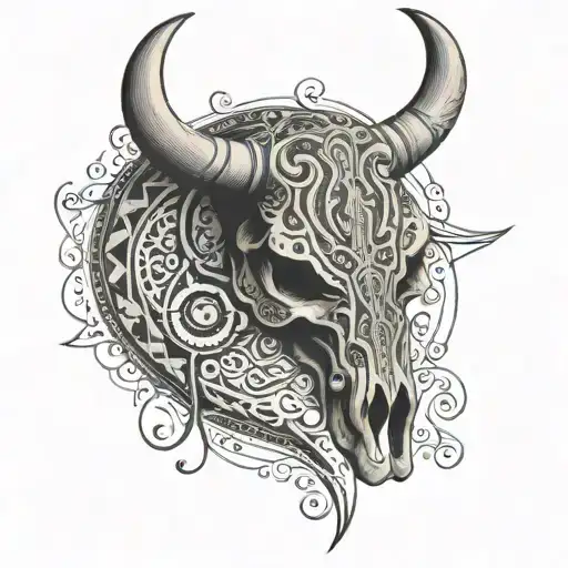 A Bull Skull Adorned With Intricate Tribal Patterns And Guitar Strings Weaving Through The Design