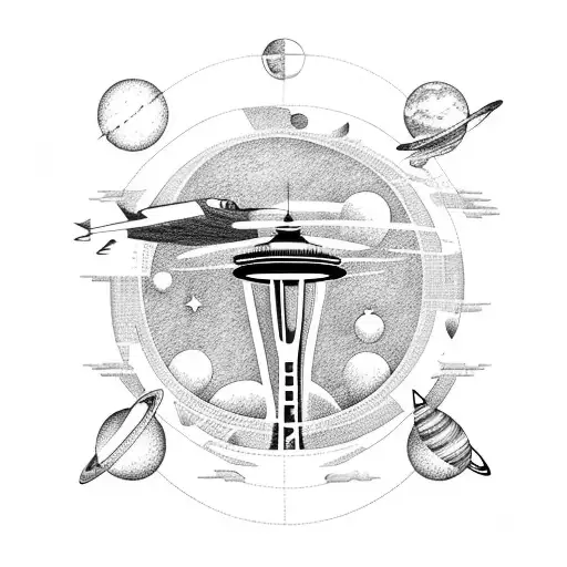 Space Needle With An Airplane That Fly In The Back