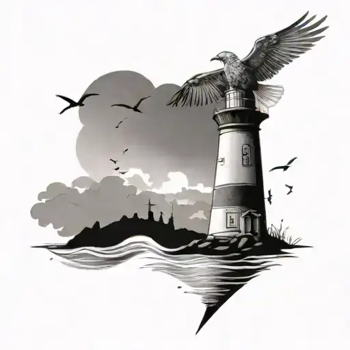 Lighthouse On Beach With Birds Flying