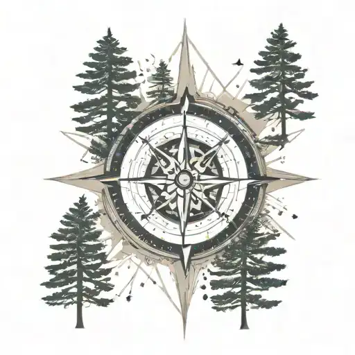 An Intricate Dotwork Design Of A Compass Rose Surrounded By Pine Trees And Ocean Waves
