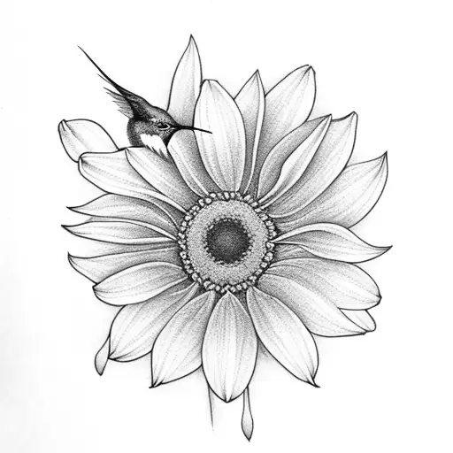 Humming Bird With Tulips And Daisy's And Sunflowers