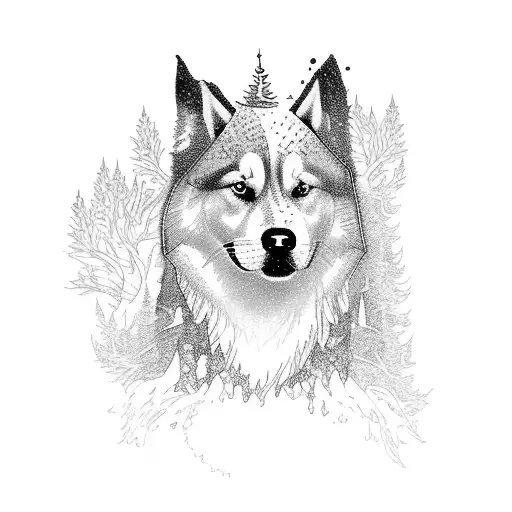 A Mystical Forest With A Silhouette Of A Golden Retriever And Husky Walking Side By Side