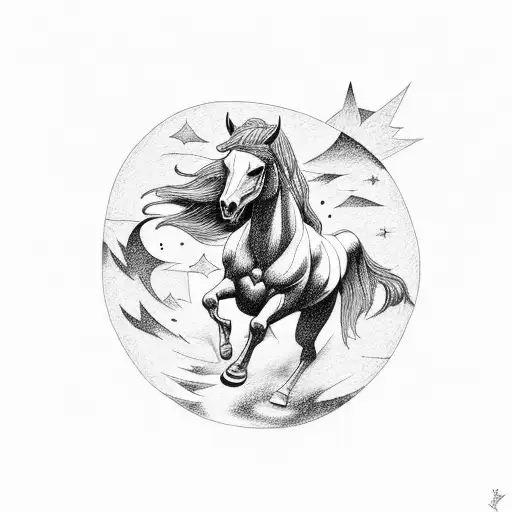 Fire Horse Running Up Moutain With Sun And Stars