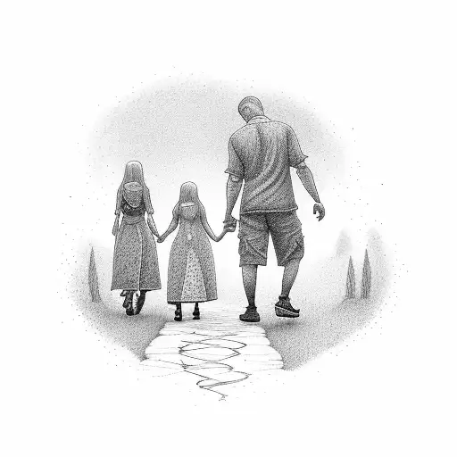 A Father And 3 Daughters Walking Hand In Hand On A Winding Path