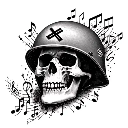 A Skull With A Vietnam War Helmet Surrounded By Music Notes And Ss Symbols
