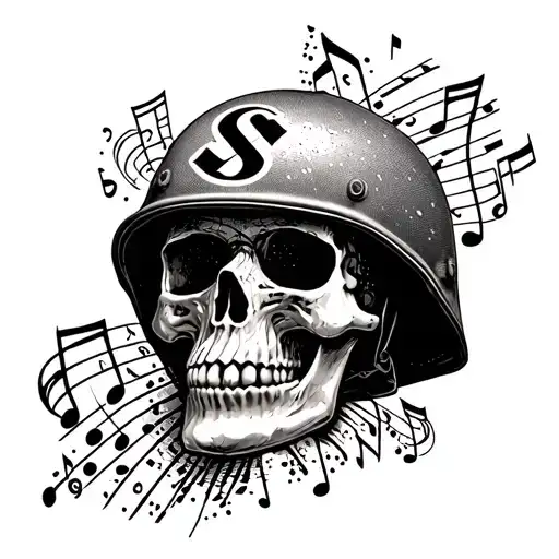A Skull With A Vietnam War Helmet Surrounded By Music Notes And Ss Symbols