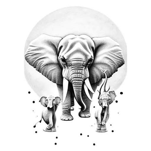 Elephant Family And A Hawk Flying On The Sky