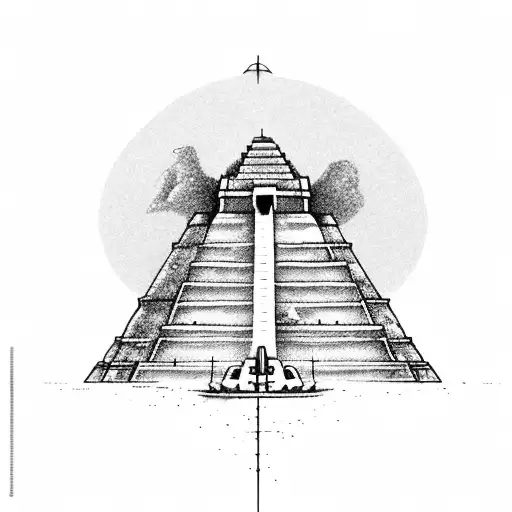 A Dotwork Tattoo Of A Majestic Gundam Robot Standing Against A Backdrop Of Ancient Mexican Pyramids