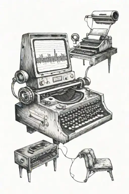 A Typewriter With Music Notes Coming Out Of It And A Tv Show Scene Playing On The Screen
