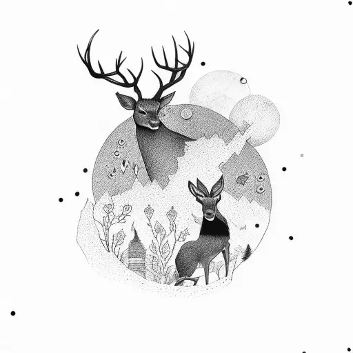 Red Moon And Shadow Deer In City