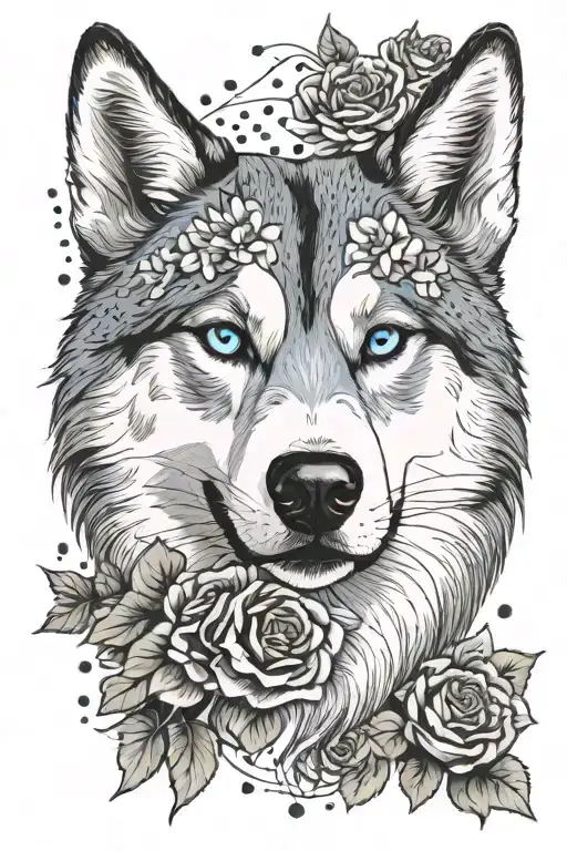 Husky Siberian Face One Eye Blue One Eye Mixed Brown Sourounded By Red Roses