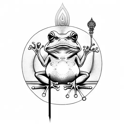 A Mystical Frog Meditating In A Lotus Position With A Mace Beside It