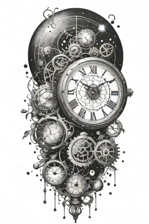 A Dotwork Tattoo Of A Cosmic Clock Symbolizing The Passage Of Time In The Universe