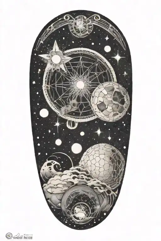 A Celestial Sleeve Tattoo Incorporating Elements Of The Universe And Ancient Sumerian Motifs