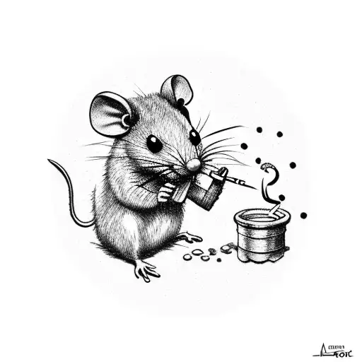 A Dotwork Tattoo Of A Cartoon Blind Rat Smoking A Cigarette