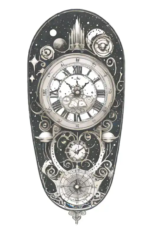 A Dotwork Tattoo Of A Cosmic Clock Symbolizing The Passage Of Time In The Universe
