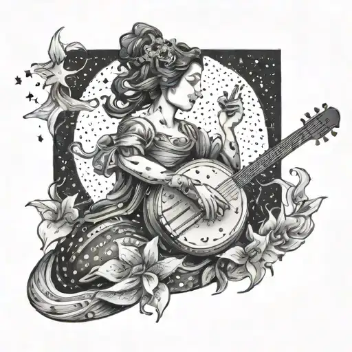 A Celestial Scene With Lily Playing A Musical Instrument Under A Starlit Sky