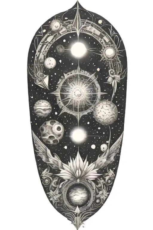 A Celestial Sleeve Tattoo Incorporating Elements Of The Universe And Ancient Sumerian Motifs