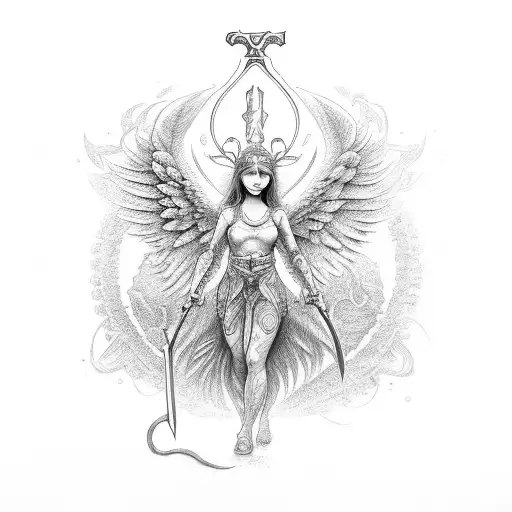 An Intricate Dotwork Tattoo Of An Angel With A Sword