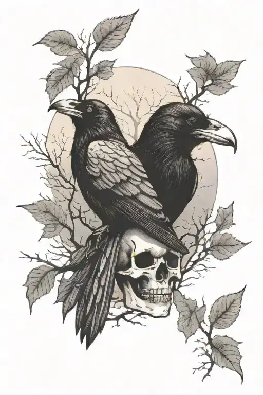 Ravens And Skulls On A Background Of Thin Trees Without Leaves