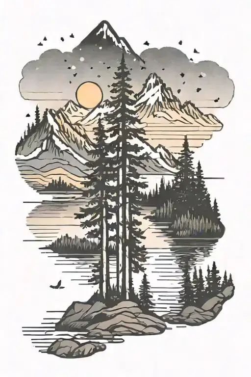 Note Mountain Trees Colors Sunset Over Lake