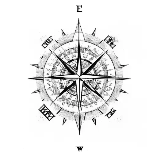 Dotwork Compass Rose With Hiking Boots And A First Aid Kit