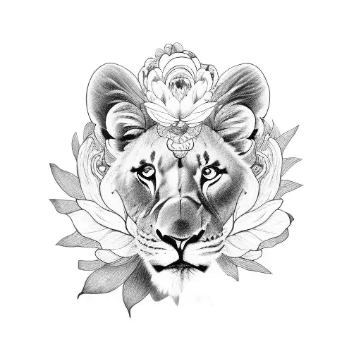A Peony Flower Crown With A Lioness Face In The Center