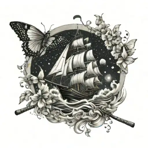 A Baseball Bat Morphing Into A Ship Sailing On Waves Of Butterflies