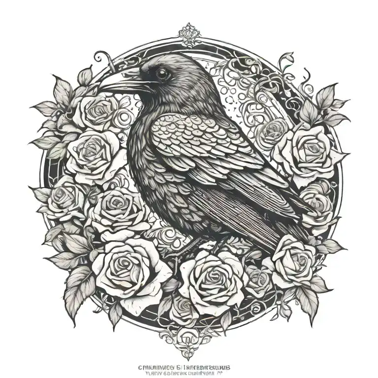 Raven Sitting Upon A Nest Of Skulls Surrounded By Roses