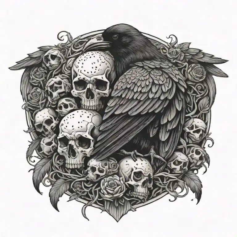 Raven Sitting Upon A Nest Of Skulls Of Various Animals