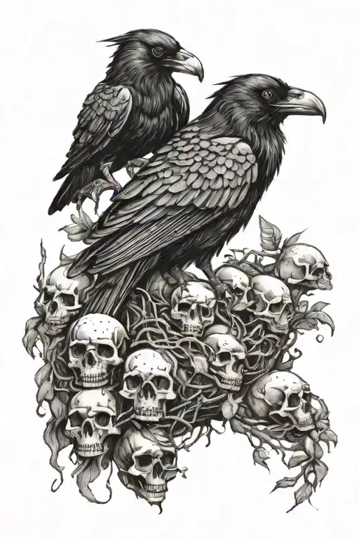 Raven Sitting Upon A Nest Of Skulls Of Various Animals