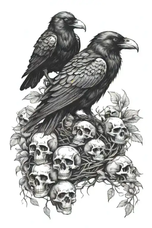 Raven Sitting Upon A Nest Of Skulls Of Various Animals