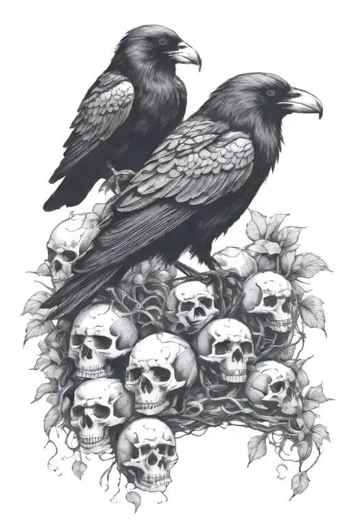 Single Raven Sitting Upon A Nest Of Skulls Of Various Animals