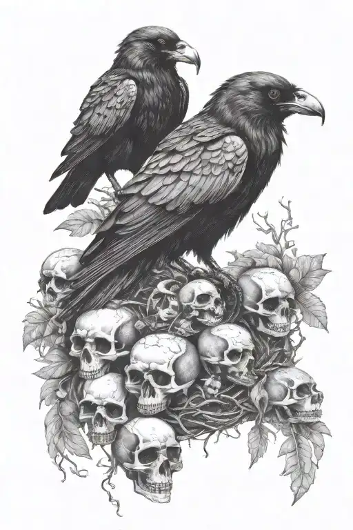 Single Raven Sitting Upon A Nest Of Skulls Of Various Animals