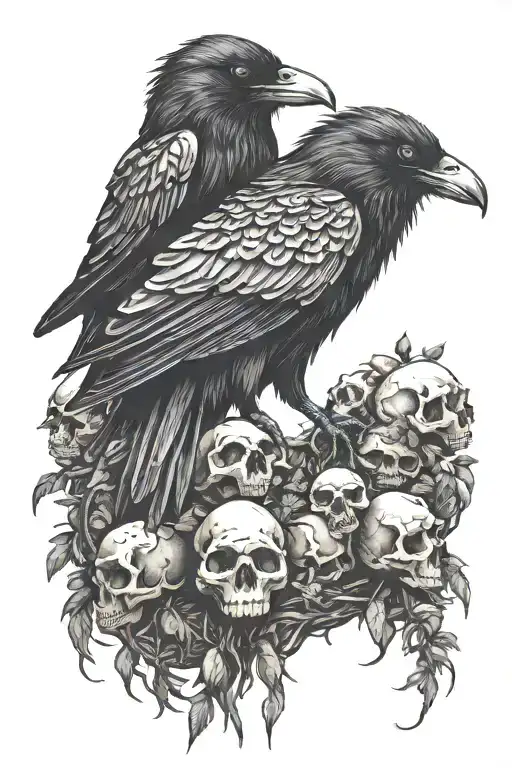 Single Raven Sitting Upon A Nest Of Skulls Of Various Animals